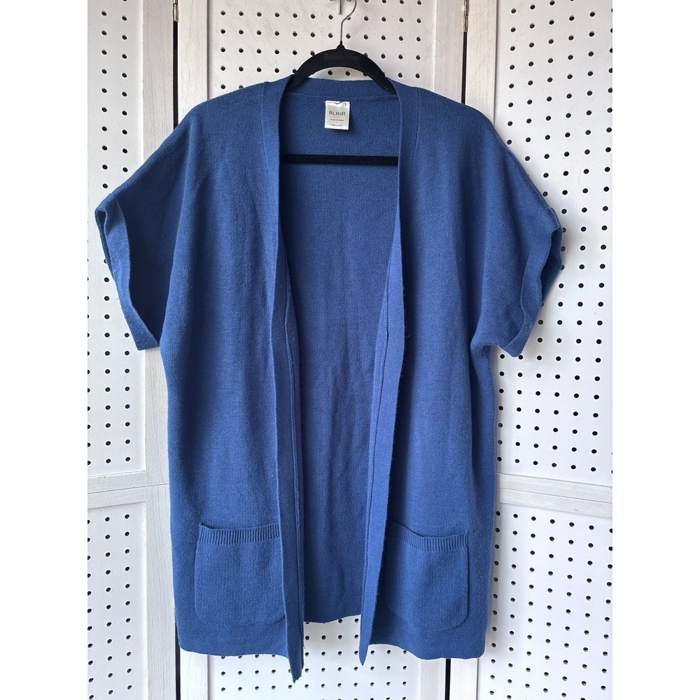 Blair Women's Lg Short SLV‎ Acrylic Open Front Cardigan Sweater Blue
